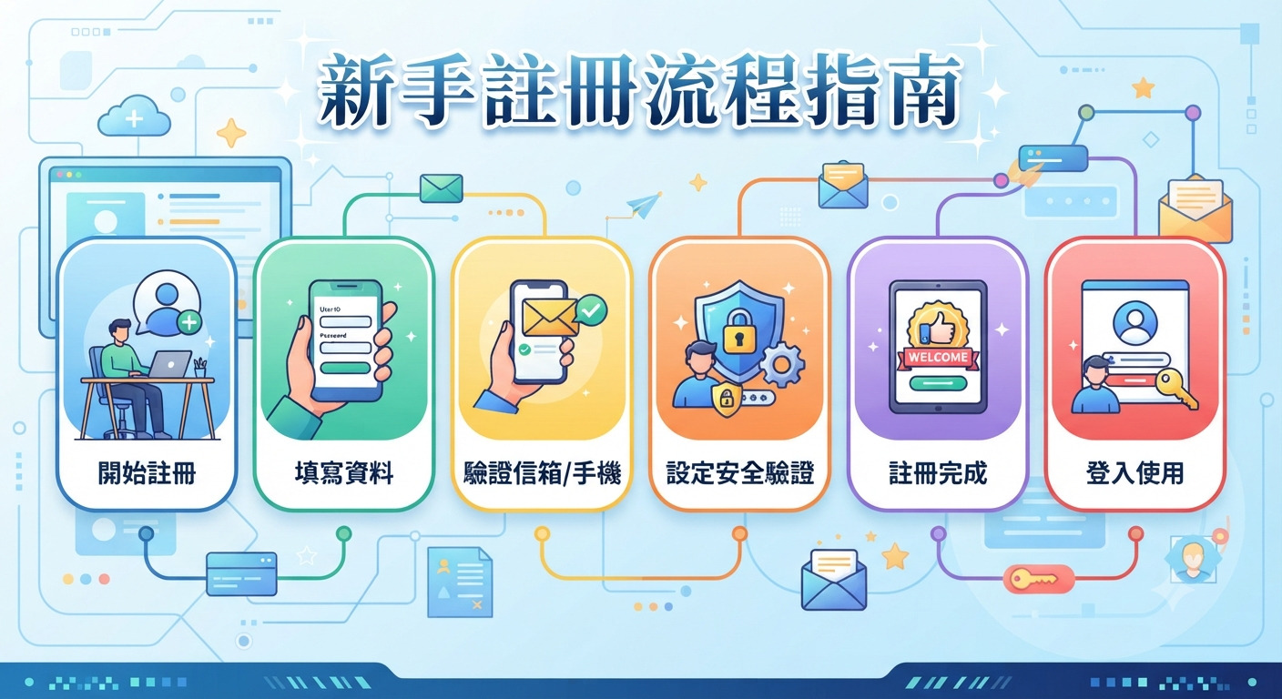 這張圖片展示了「新手註冊流程指南」的步驟流程圖。 設計採用清爽的科技藍色調,並透過六個清晰的圖標框直觀地呈現從開始註冊到登入使用的完整步驟。
