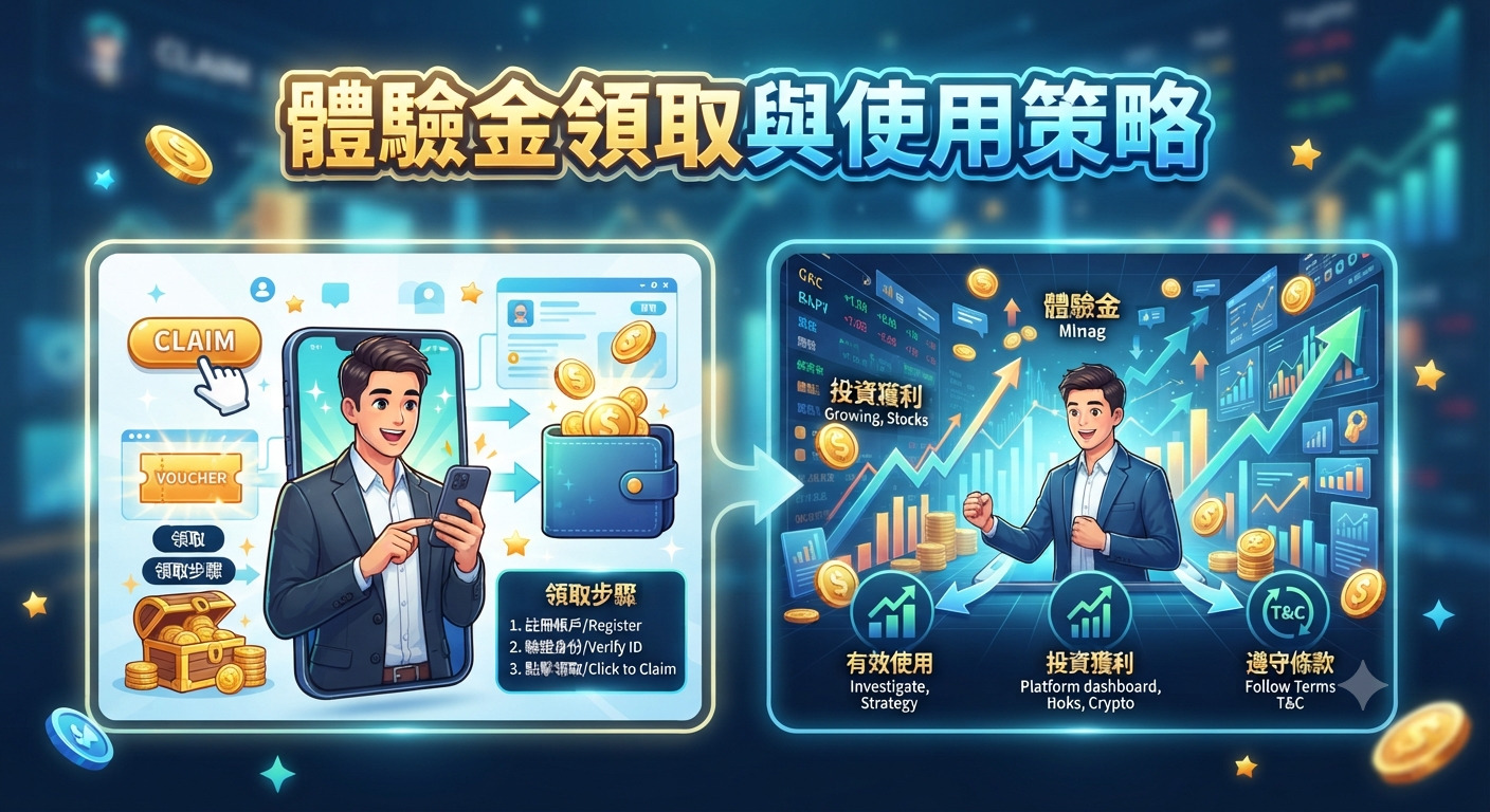 這是一張以「體驗金領取與使用策略」為主題的資訊圖表,展示了從帳戶註冊領取體驗金到投資獲利的過程。 圖像透過左右兩側的對比設計,簡明扼要地呈現了操作步驟、有效運用策略以及必須遵守的相關條款。