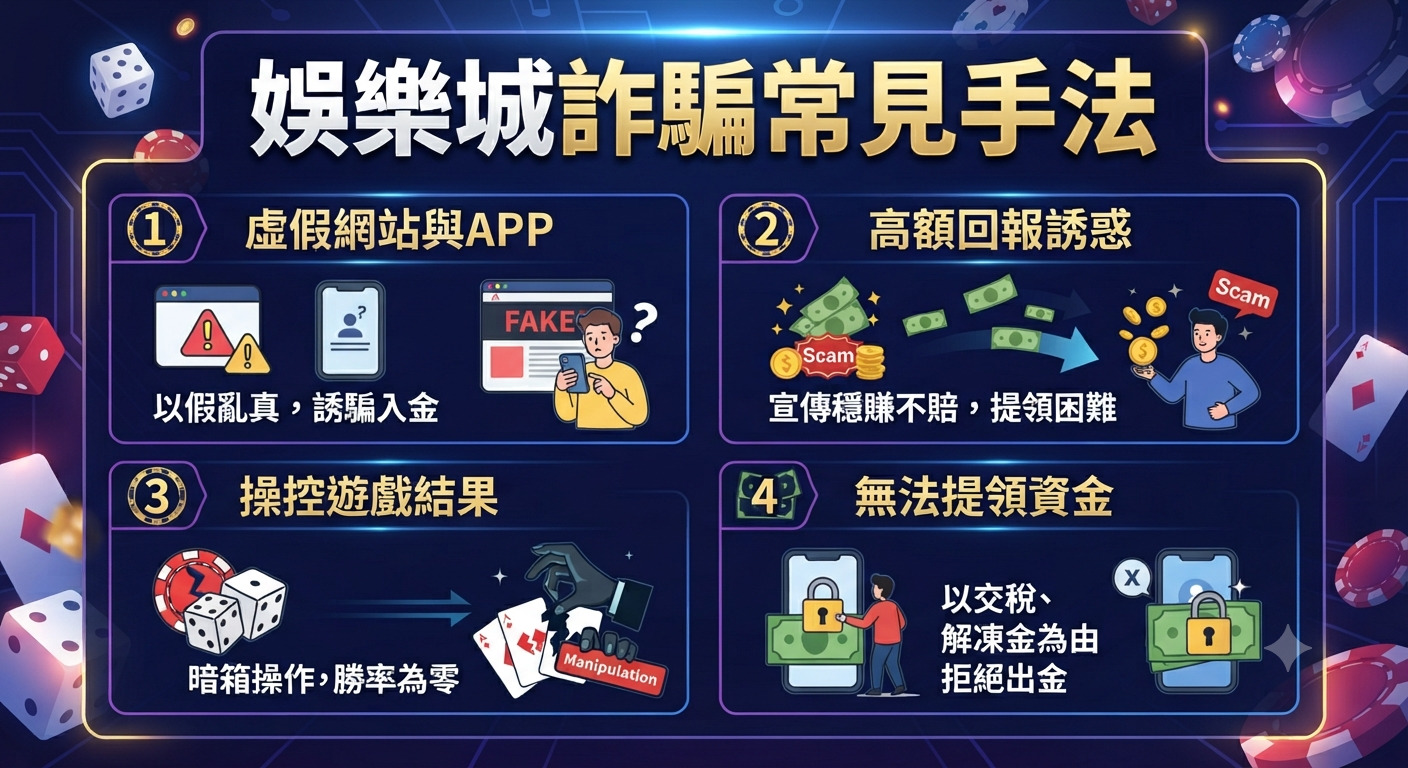這張圖片以「娛樂城詐騙常見手法」為標題,並列舉了虛假網站、高額回報誘惑、操縱遊戲結果及無法提領資金等四種常見陷阱。 整體設計採用深藍色科技感背景,透過圖示與簡潔文字警示使用者提高警覺,避免遭受詐騙。