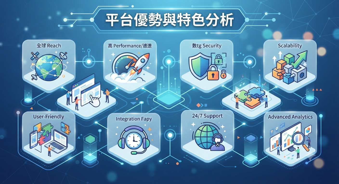 這張圖片以「平台優勢與特色分析」為標題,展示了多個代表技術功能的圖示。 透過科技感的藍色背景與連線設計,呈現出全球連結、高效能、安全性、擴充性及數據分析等核心特色。