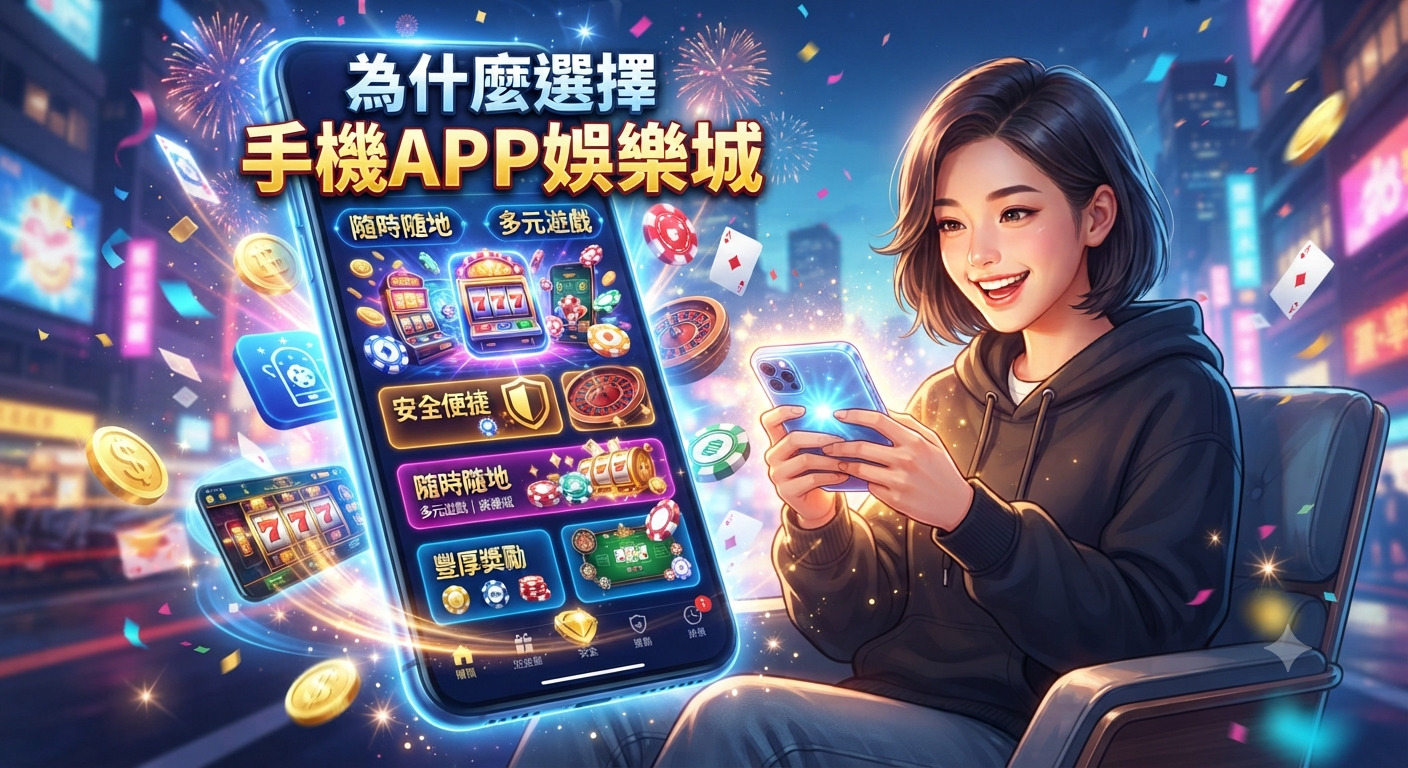 這張圖片呈現了一位年輕女性在城市霓虹背景下,開心地使用手機玩娛樂城應用程式。 畫面設計融合了動態感與視覺特效,並在上方清楚展示了「為什麼選擇手機APP娛樂城」的標題。