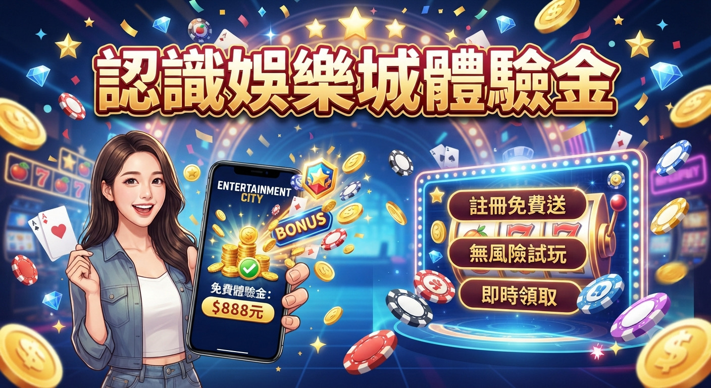 這張圖片展示了一位面帶微笑的女性手持智慧型手機，手機螢幕顯示「認識娛樂城體驗金」的相關資訊。背景充滿了金幣、籌碼與霓虹燈效果，營造出華麗且具吸引力的線上娛樂城氛圍。