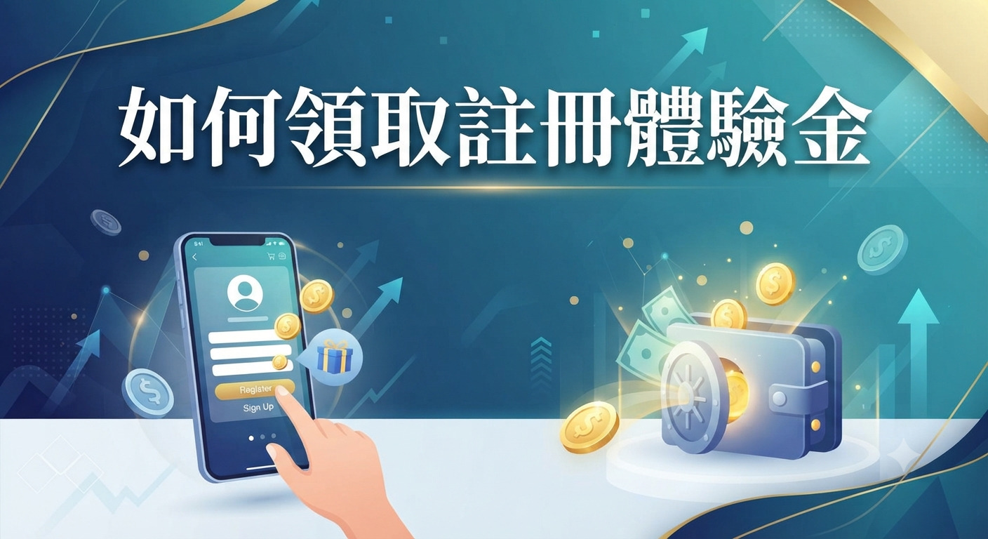 這張圖片以專業的藍色調為背景，展示了註冊體驗金的領取流程。 畫面中結合了手機註冊介面與金庫圖示，呈現出與金融獎勵相關的視覺主題。
