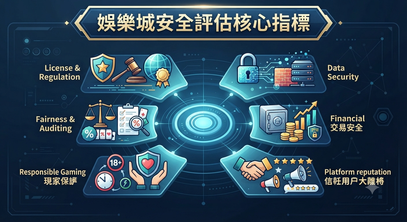 這張圖片以「娛樂城安全評估核心指標」為標題,展示了評估線上娛樂平台安全性的六大關鍵領域。 透過專業的圖標設計,直觀地呈現了包括監管認證、數據加密、財務交易及公平性在內的安全性審核標準。