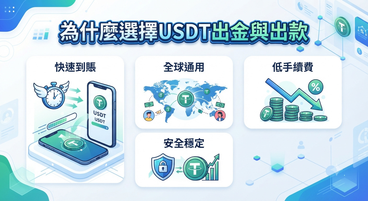 這張圖片展示了使用 USDT 進行出金與出款的優勢,並列舉了快速到帳、全球通用、低手續費與安全穩定四大核心特點。 簡潔的現代化設計風格,清晰地傳達了加密貨幣交易在金融轉帳過程中的高效與便利性。