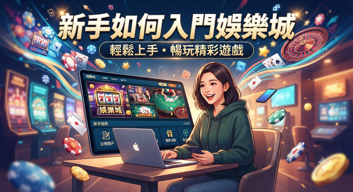 這是一張以「新手如何入門娛樂城」為主題的插畫，畫面中一位年輕女性正專注地使用筆記型電腦瀏覽娛樂城平台。 背景充滿了老虎機與籌碼等繽紛的賭場元素，營造出充滿娛樂感與現代科技的視覺氛圍。