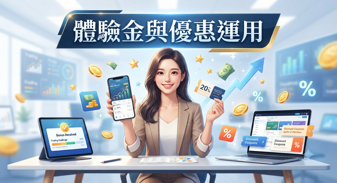 這張圖片展示了一位專業女性在辦公桌前，手中拿著手機與優惠券，周圍環繞著金融圖表與數位資產圖示。 圖片上方以醒目的字體呈現標題「體驗金與優惠運用」，整體設計傳達出數位金融與行銷活動的專業感。