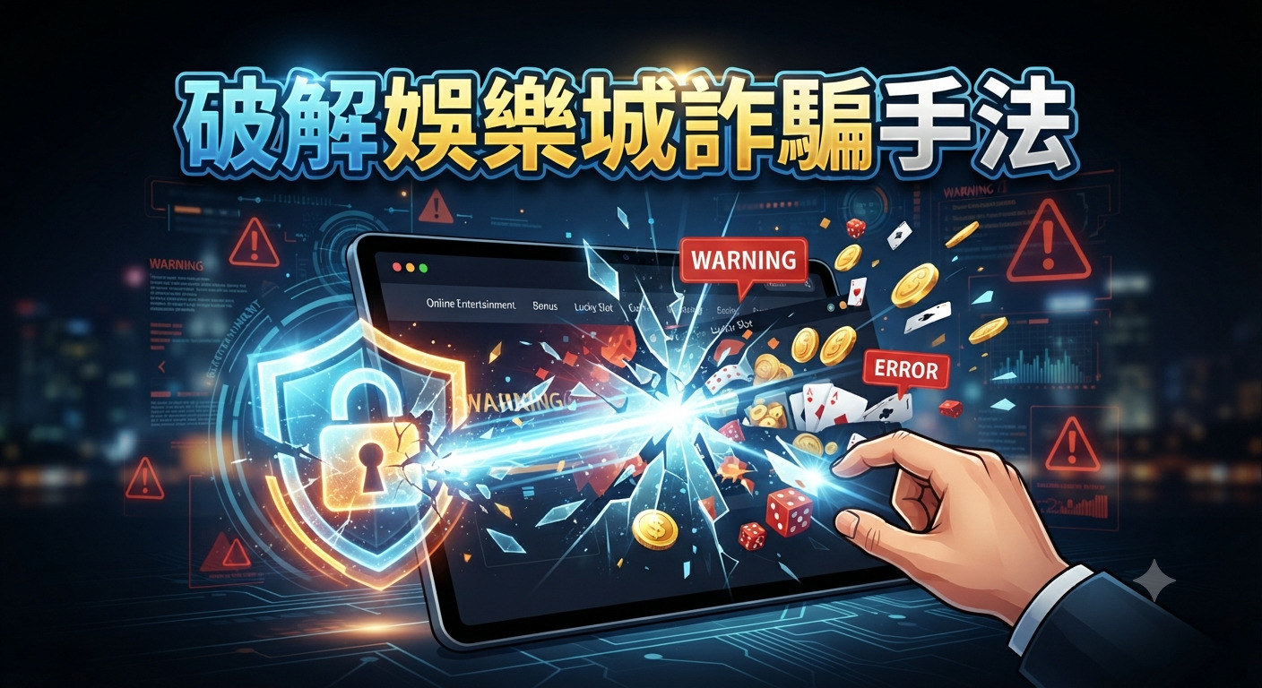 這張圖片展示了一個人透過螢幕打破虛擬娛樂城的防禦,象徵識破詐騙手段。 畫面中央結合了警告標誌與破碎的賭博元素,標題為「破解娛樂城詐騙手法」。