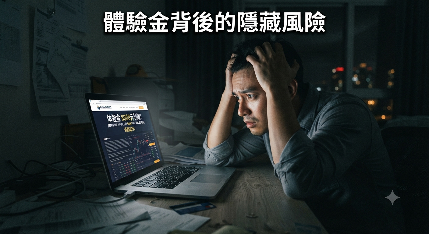 這張圖片描繪了一名男子在深夜面對筆記型電腦時感到焦慮與困擾的畫面,上方標題強調了「體驗金背後的隱藏風險」。 整體氛圍透過昏暗的燈光與凌亂的環境,深刻呈現出因線上金融誘惑而陷入困境的嚴肅議題。
