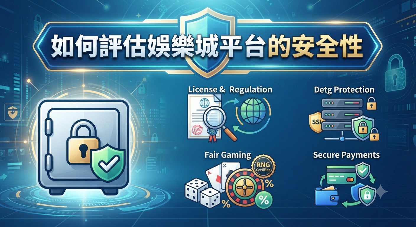 這張圖片以「如何評估娛樂城平台的安全性」為標題,並以防護盾牌與保險箱象徵安全。 圖片透過圖示展示了評估重點,包含執照監管、資料保護、公平遊戲機制及安全支付系統。