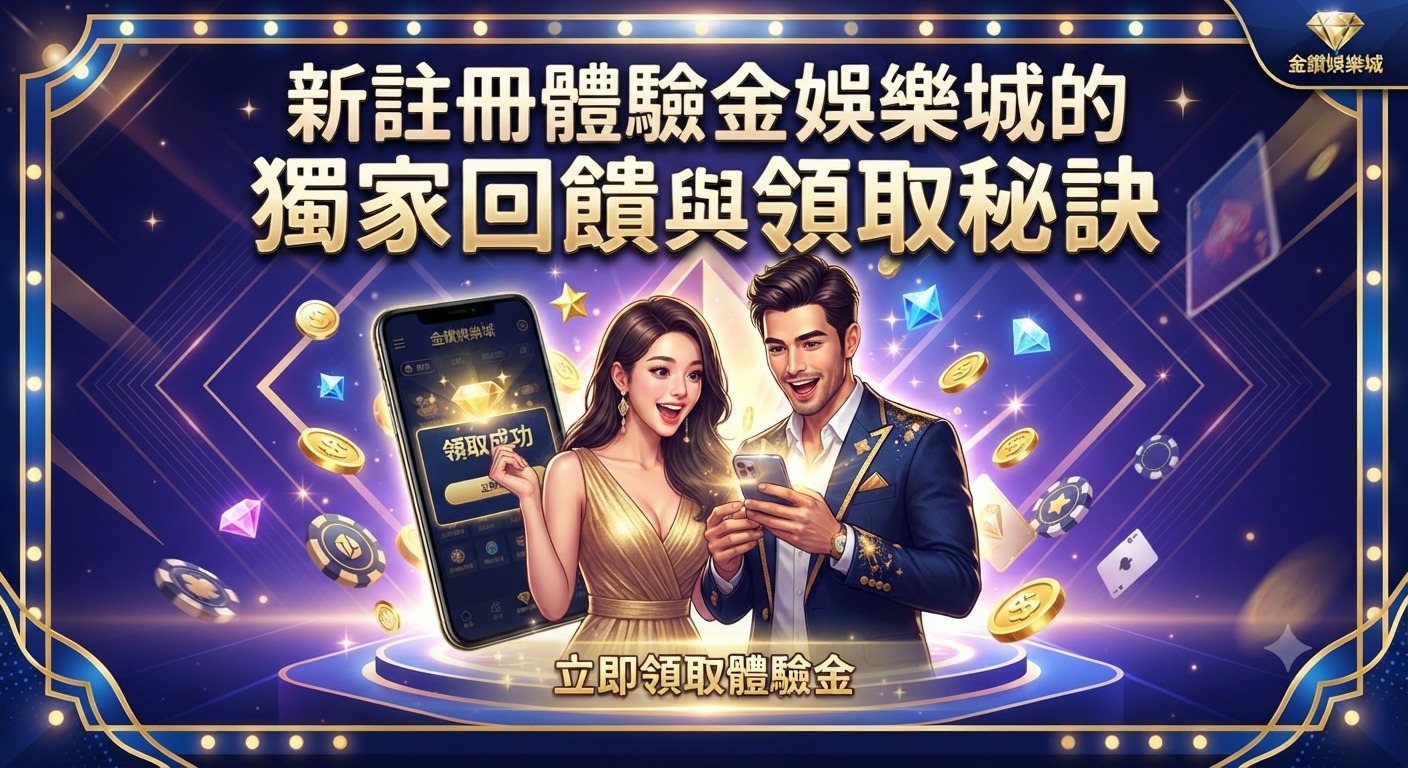 圖片展示了一場專為新註冊會員設計的娛樂城體驗金活動宣傳。 畫面中帶有精緻的金邊裝飾與璀璨燈光,完美呈現了專屬的獨家回饋與領取秘訣主題。