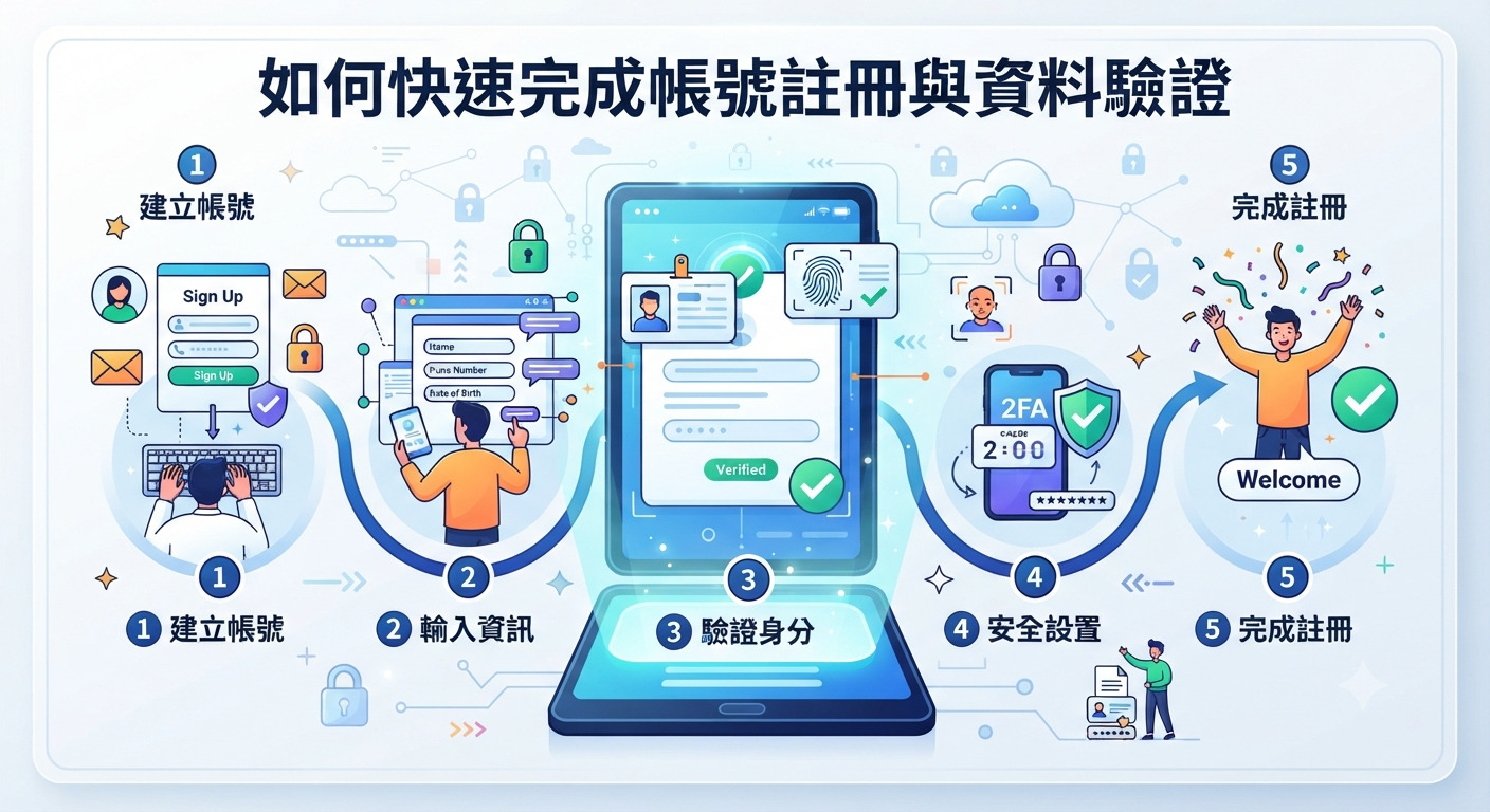 這張圖片展示了如何快速完成帳號註冊與資料驗證的步驟流程。 畫面中透過圖示與數字標示了解決帳號建立、輸入資訊及身分驗證等操作過程。
