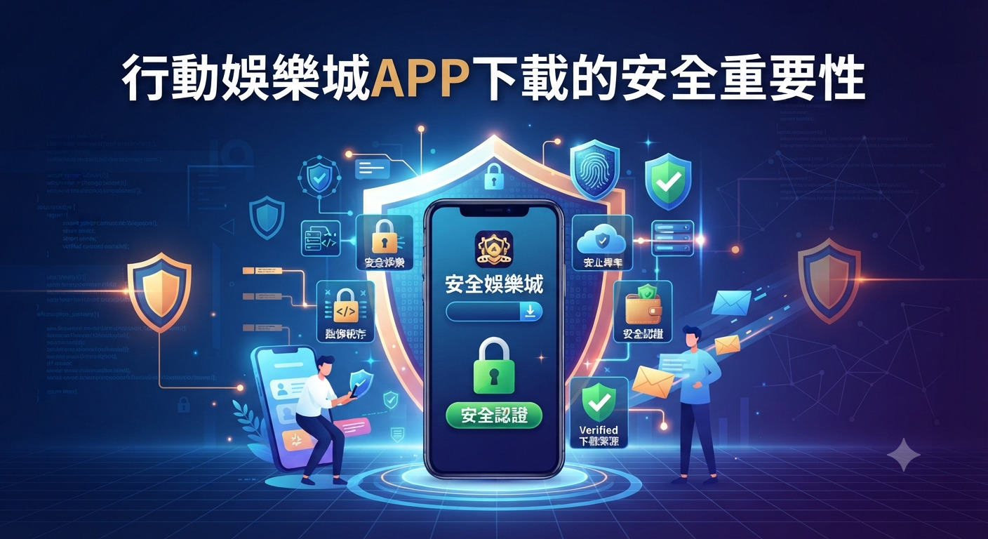 這張圖片展示了行動娛樂城APP下載的安全重要性,背景融合了數位防護盾牌與加密技術。 畫面中央有一支顯示安全認證與下載標誌的手機,上方則清晰標示著主題文字。