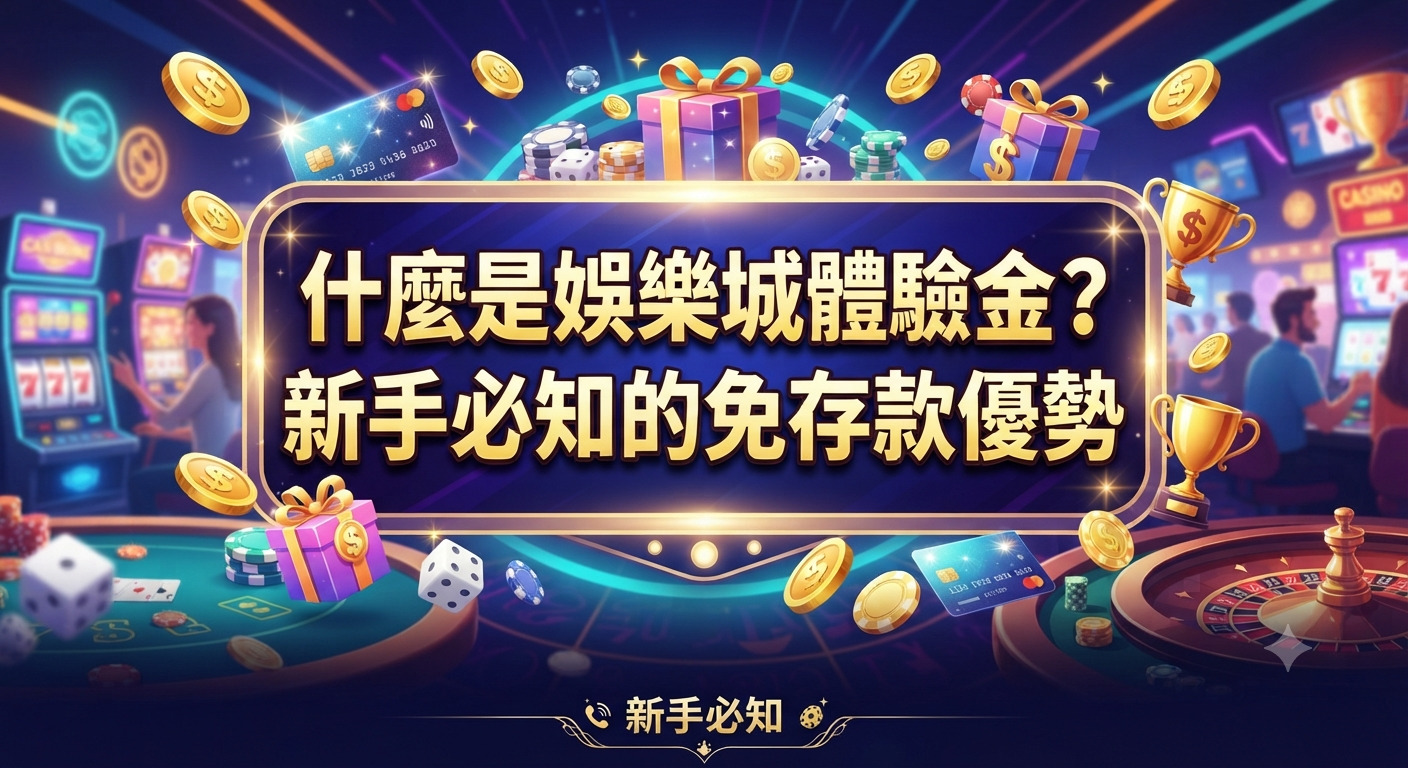 這張圖片以線上娛樂城為主題，四周環繞著金幣、禮物盒與籌碼等元素。 畫面正中央醒目地顯示著「什麼是娛樂城體驗金？新手必知的免存款優勢」的主標題。