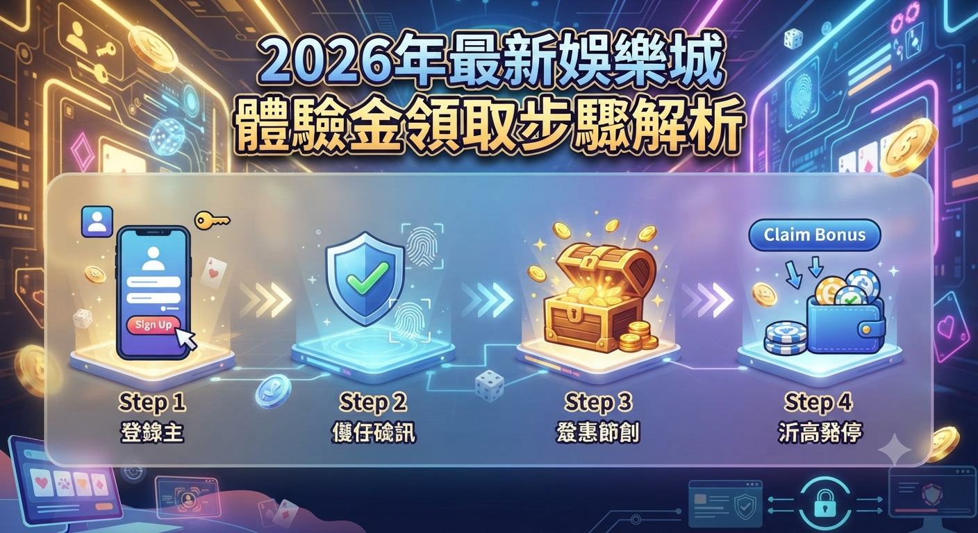 這張圖片展示了2026年最新娛樂城體驗金領取的四個步驟流程圖。 畫面採用科技感與金幣元素，突顯出獎金領取的步驟解析主題。