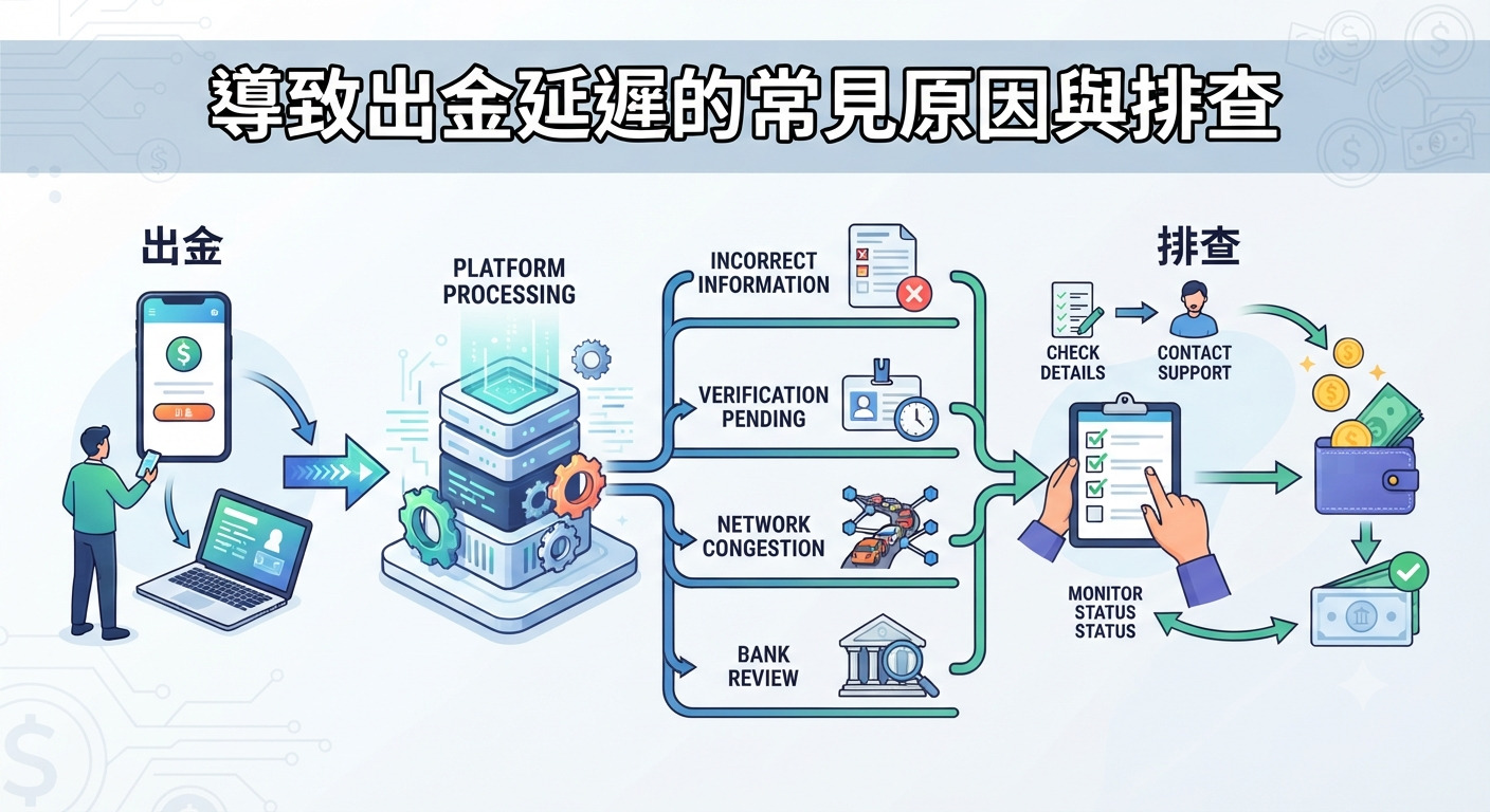 這張資訊圖表清晰展示了導致出金延遲的常見原因,並提供了相應的排查與解決步驟。 內容涵蓋平台處理、資料錯誤、網路擁堵以及銀行審核等關鍵環節。