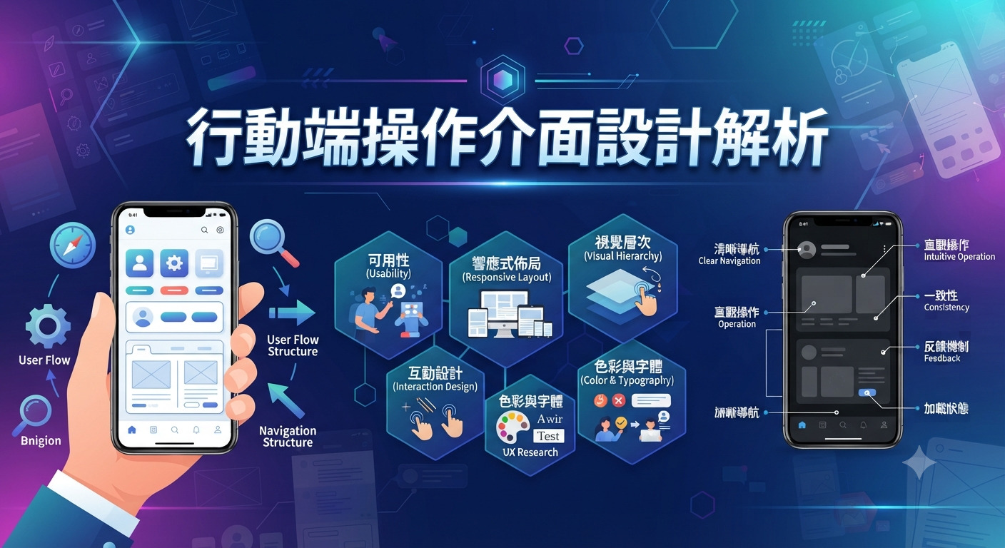 這張圖片展示了行動端操作界面設計解析的核心概念與互動流程。 畫面中結合了手機UI界面、設計原則圖解以及「行動端操作界面設計解析」的主標題。