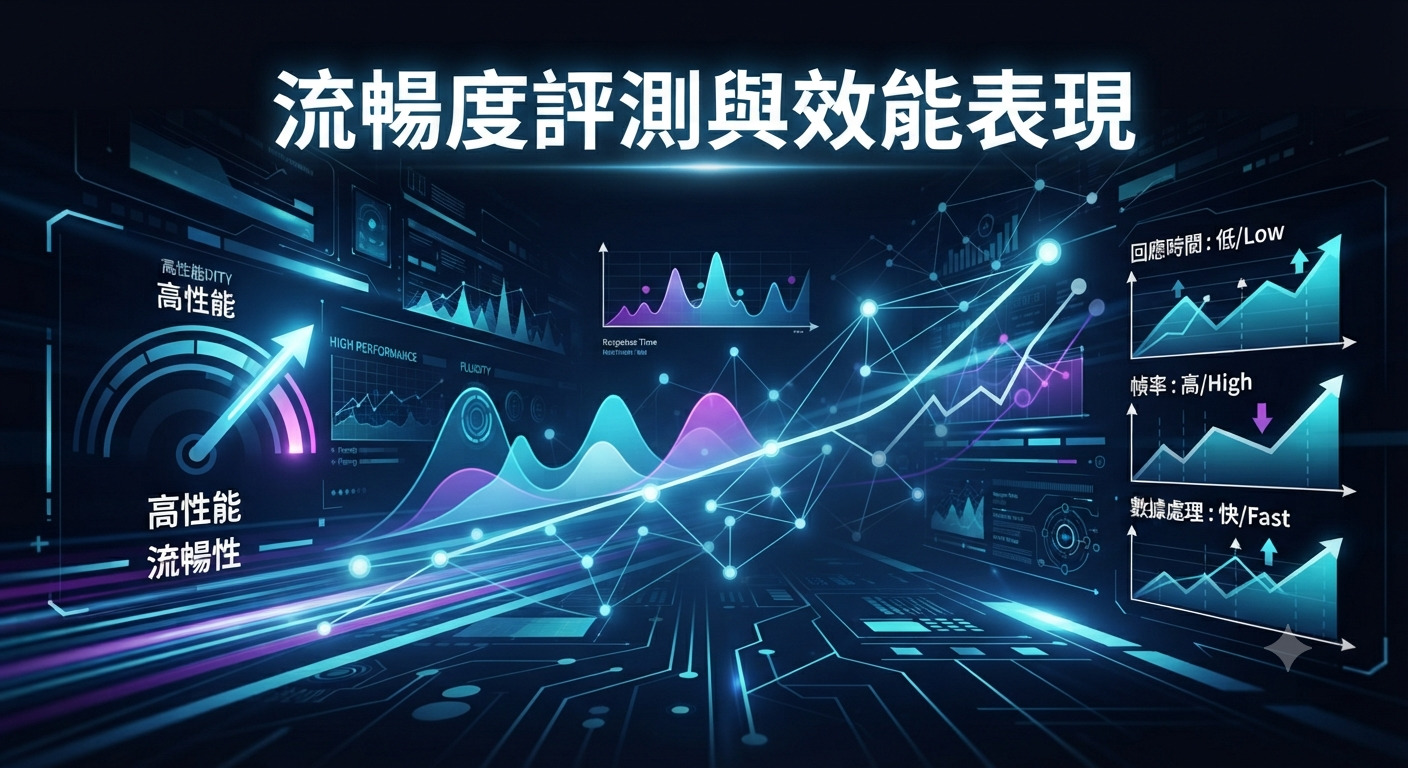 這張圖片展示了一幅充滿科技感的背景，主標題為「流暢度評測與效能表現」。 畫面中融合了數據圖表與流動的光影線條，象徵系統的高效能與流暢運行。