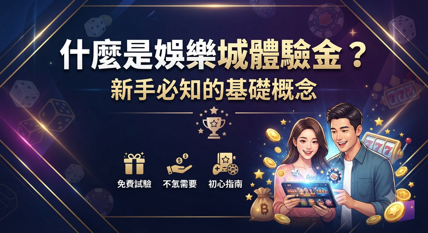 這是一張以「娛樂城體驗金」為主題的宣傳圖片,背景採用深藍色與金色的奢華設計風格。 畫面中央醒目地呈現標題文字,並搭配微笑的年輕男女及遊戲元素,營造出新手專屬的輕鬆體驗氛圍。