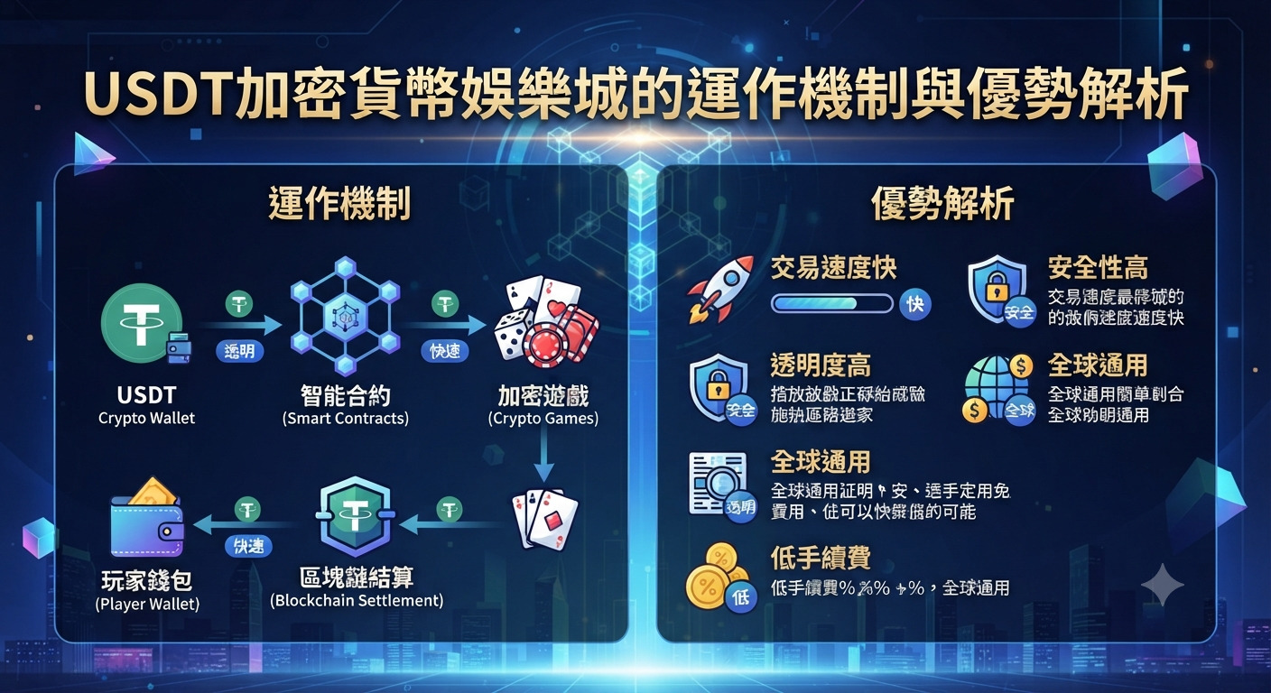 這是一張以「USDT加密貨幣娛樂城的運作機制與優勢解析」為主題的資訊圖表。 畫面透過科技感的藍色背景與區塊鏈元素，清晰呈現了加密貨幣娛樂城的運作流程與核心優勢。