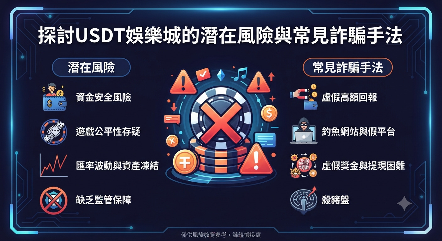 這張圖片探討了USDT娛樂城的潛在風險與常見詐騙手法。 畫面透過資訊圖表的設計，標示出資金安全、釣魚網站及殺豬盤等警告標誌。
