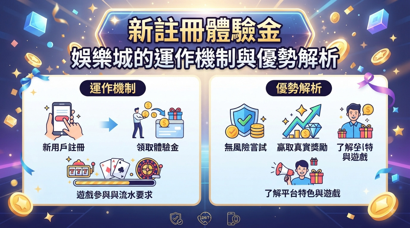 圖片展示了新註冊體驗金娛樂城的運作機制,並詳細解析了平台的各項優勢與特色。 整體畫面以科技感藍色為主調,搭配圖標與大標題,呈現出清晰明瞭的資訊結構。