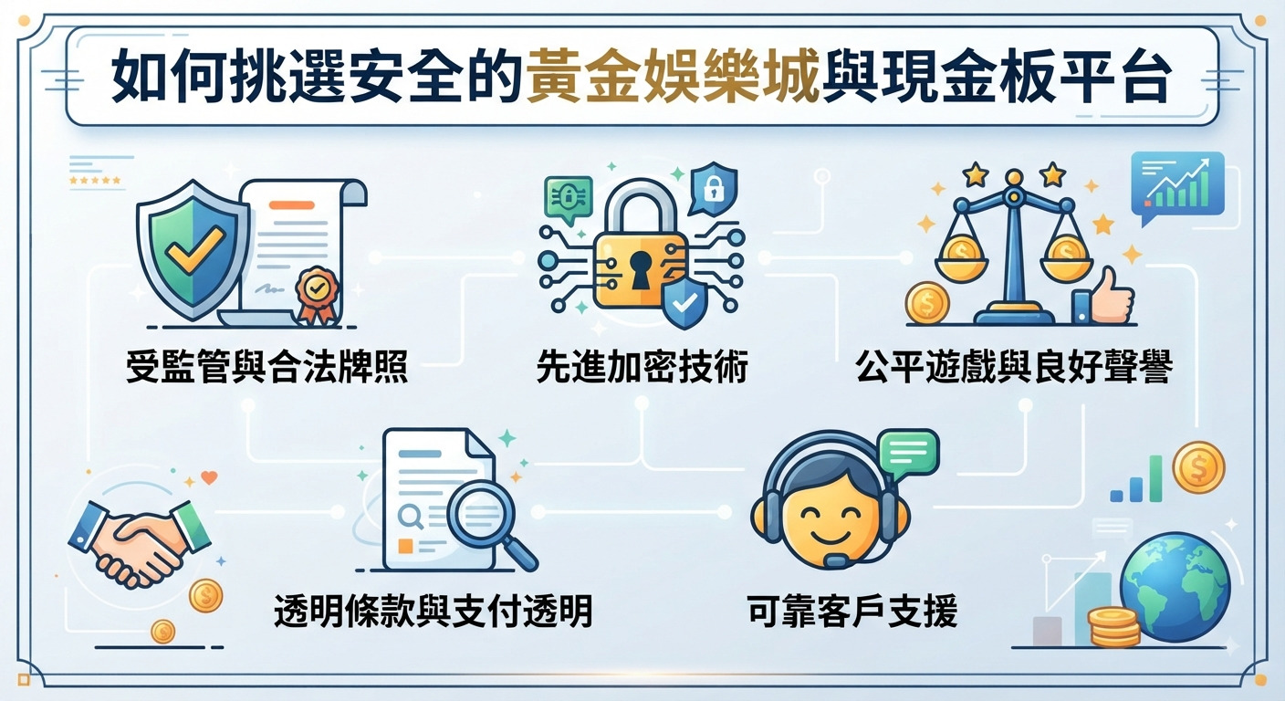 這是一張關於如何挑選安全娛樂城的資訊圖表,上方醒目地顯示著主題的標題文字。 整體畫面採用了簡潔清爽的藍色調設計,並搭配了各種安全防護與評估指標的相關圖示。