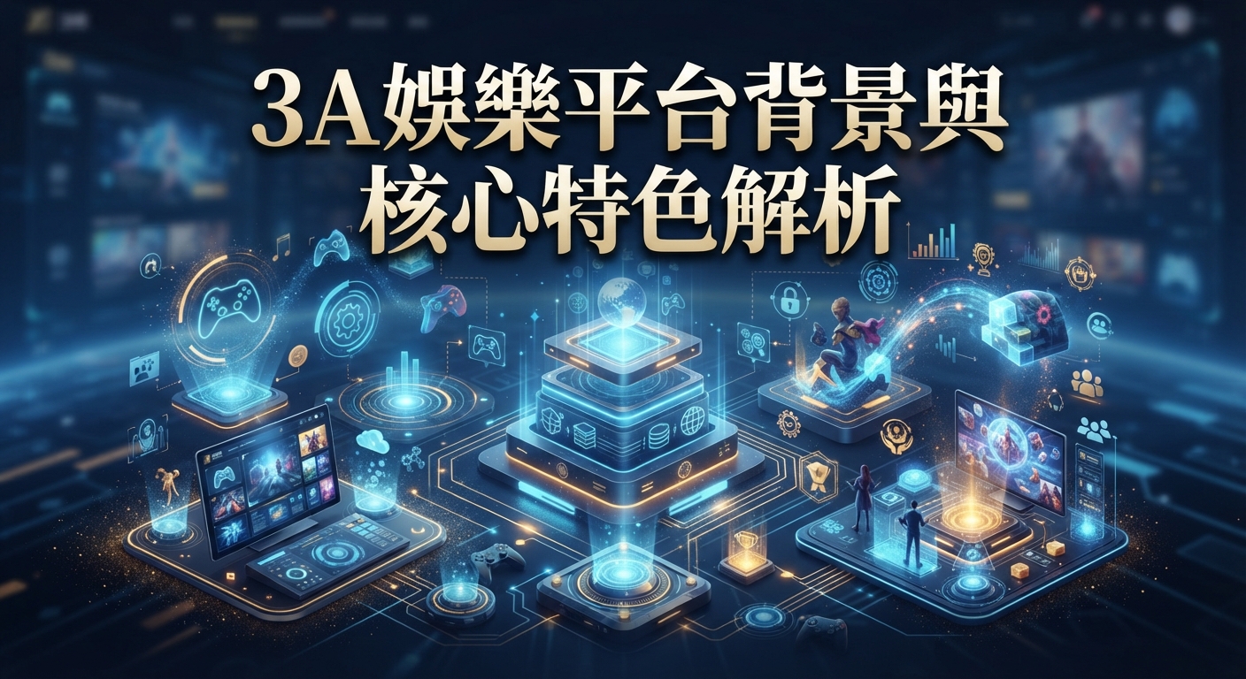 這是一張以「3A娛樂平台背景與核心特色解析」為標題的科技感宣傳圖片。 畫面中展示了結合遊戲、數位平台與核心技術解析的未來感藍色系資訊視覺圖。