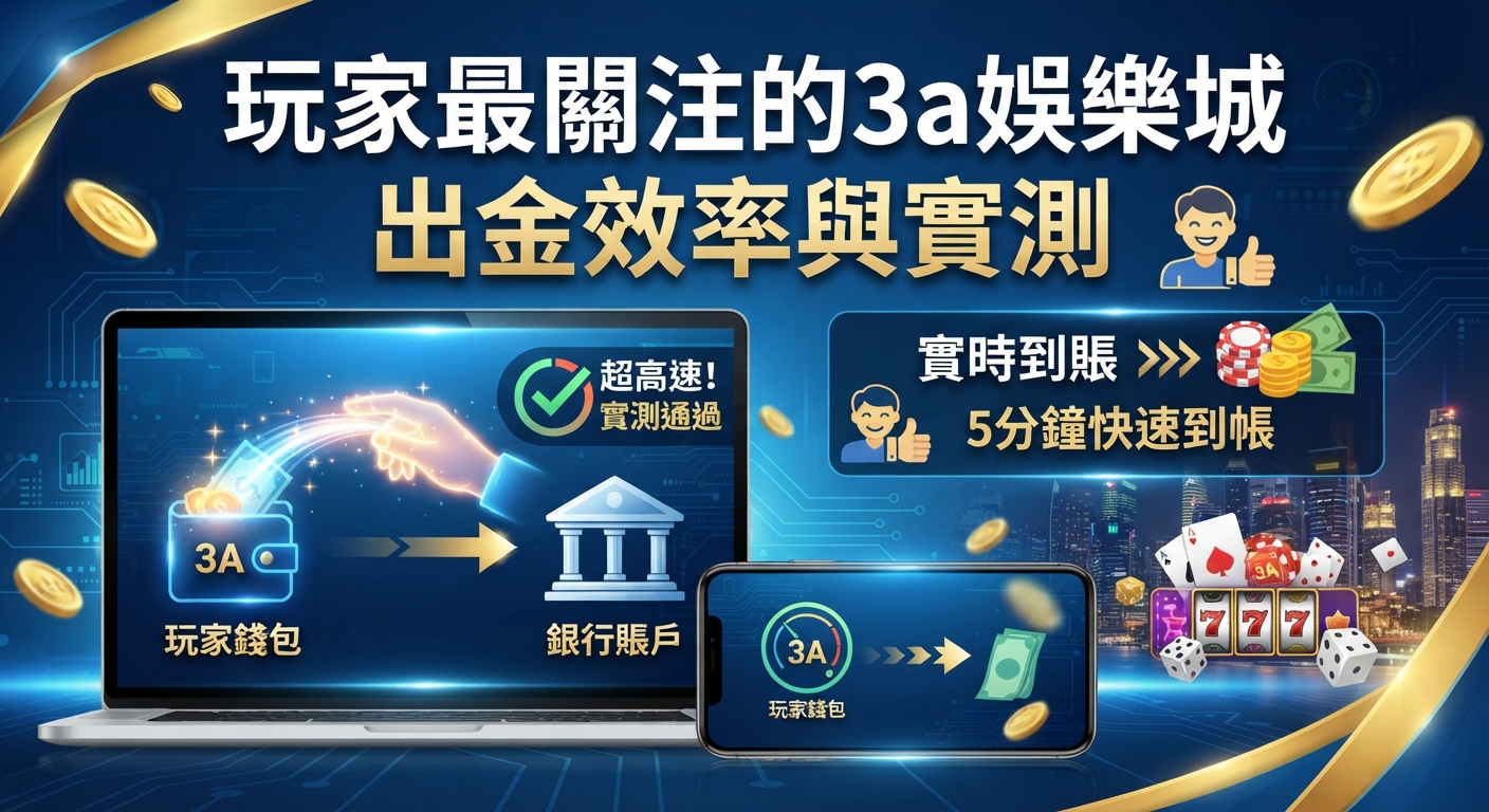 圖片展示了3A娛樂城的手機與電腦介面，突顯出金快速與實測通過的特色。 畫面背景融合了現代科技感與都市夜景，呈現出安全且高效率的提款體驗。