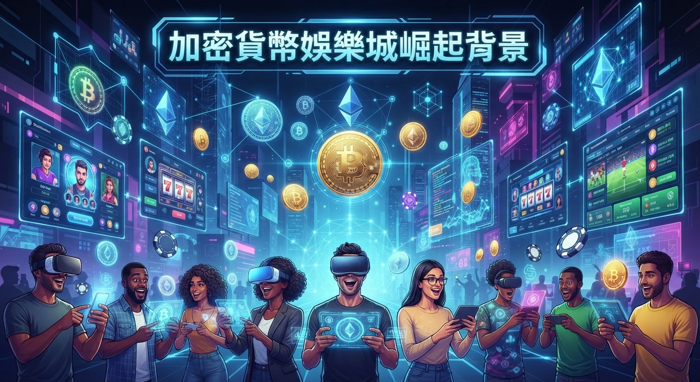 這是一張充滿科技感的數位插圖,展現了人們佩戴虛擬現實設備並使用加密貨幣進行娛樂的未來場景。 畫面正上方清晰地標示著「加密貨幣娛樂城崛起背景」這幾個大字。