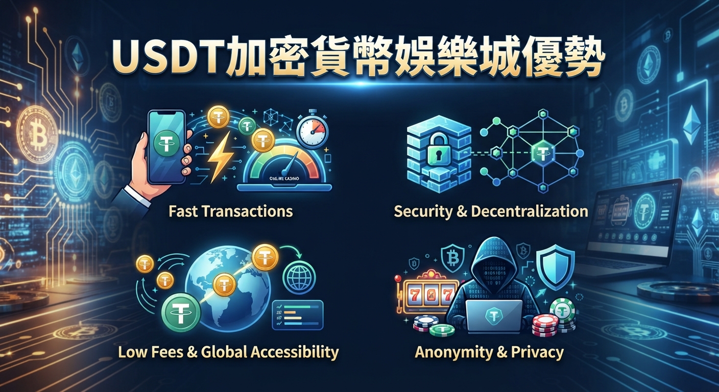 圖片上方顯示了「USDT加密貨幣娛樂城優勢」的主標題,背景則是結合科技與區塊鏈元素的數位圖形。 下方透過四個圖示與英文短句展示了加密貨幣娛樂城的快速交易、安全性、低手續費以及隱私優勢。