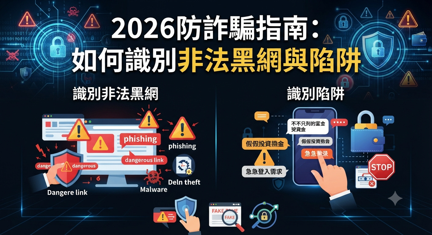 這張資訊圖的主標題為「2026防詐騙指南：如何識別非法黑網與陷阱」，並分為左右兩大區塊。 左側圖解如何識別惡意網站，強調了釣魚連結、惡意軟體和數據盜竊等風險；右側則說明如何識別通訊軟體上的詐騙陷阱，包含假投資和緊急登入請求等手法。